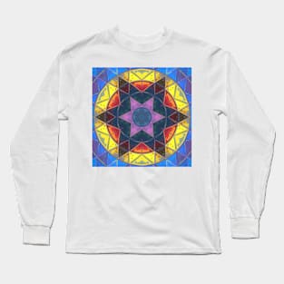 Mosaic Kaleidoscope Flower Pink Yellow and Blue Long Sleeve T-Shirt